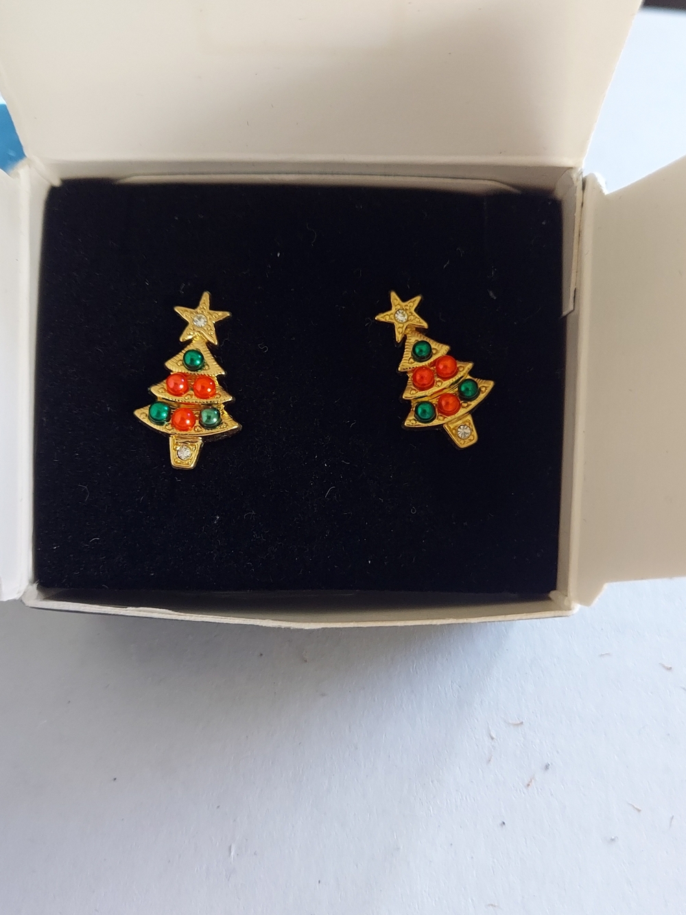 Vintagr Avon Gold and Black Colorful Christmas Tree Pierced Earrings Packaging